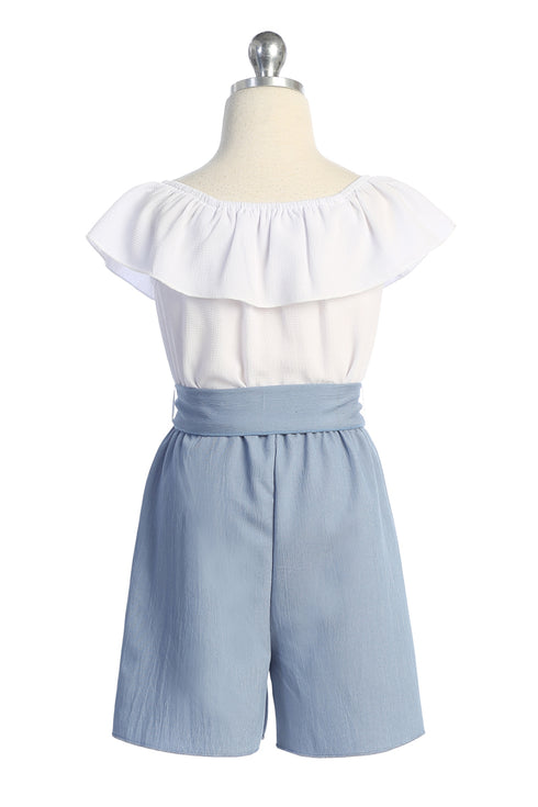 Girls Ruffle-Trim Buttoned Romper with Waist Tie, Sizes 4-14